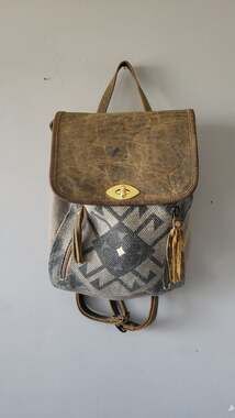 Myra Bag Canvas & Leather Geometric Woven Rug Backpack with Tassels